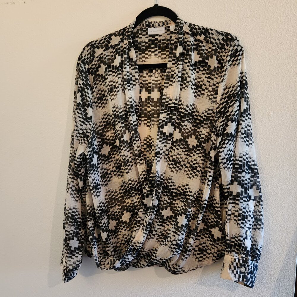 NY&Co sheer long sleeve aztec faux wrap blouse sz XL